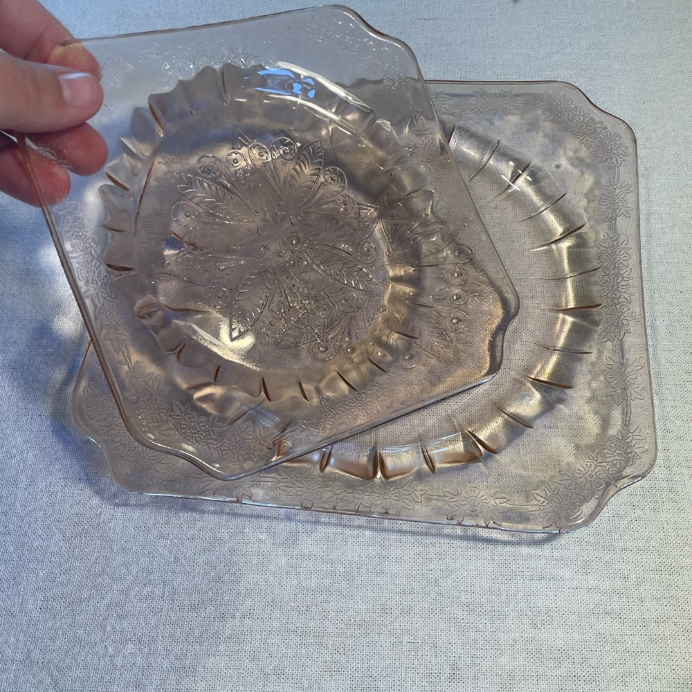 1930s Jeannette ADAM Pink Depression
Glass 8" & 6” Etched Square Plate Platters